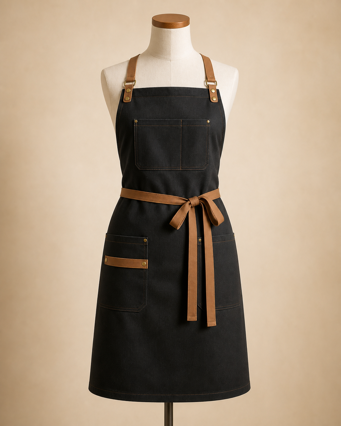 Design preview of black hairdresser apron on a mannequin