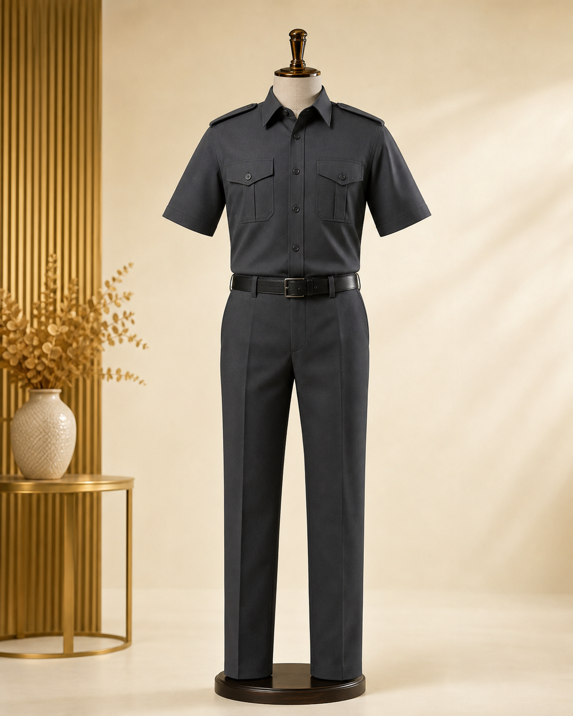 Design preview of charcoal officer workwear on a mannequin